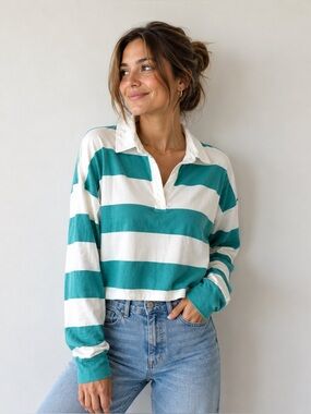 NOBO Cropped Rugby-Style Shirt Teal & White Striped Long Sleeve Women’s XXL